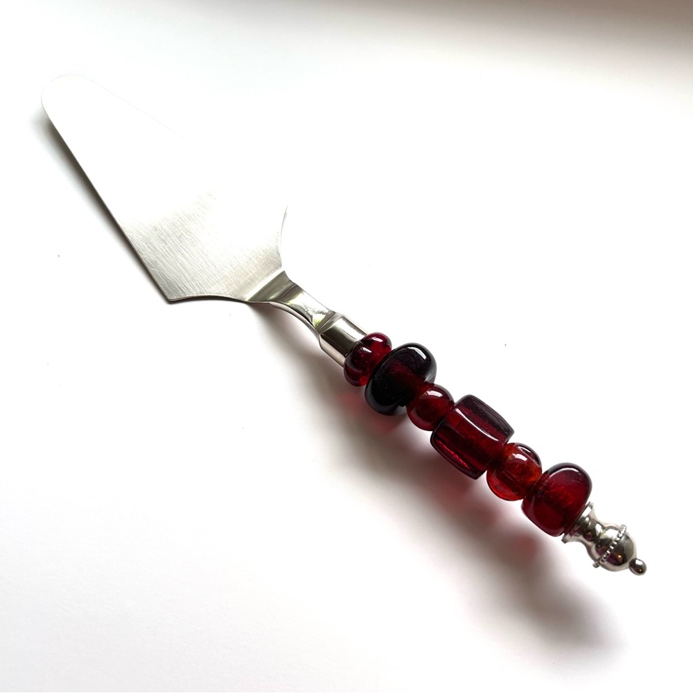 Silver Tone Cake Server with Red Glass Beaded Handle